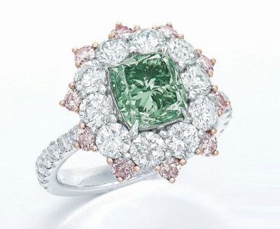 2.08 carat Fancy Vivid Bluish Green diamond ring